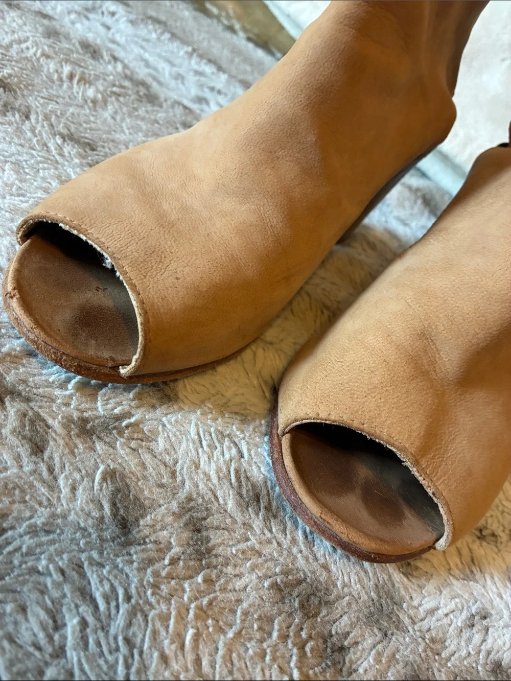 Free People Tan Suede Peep-Toe Stacked Heel Booties- Size 38